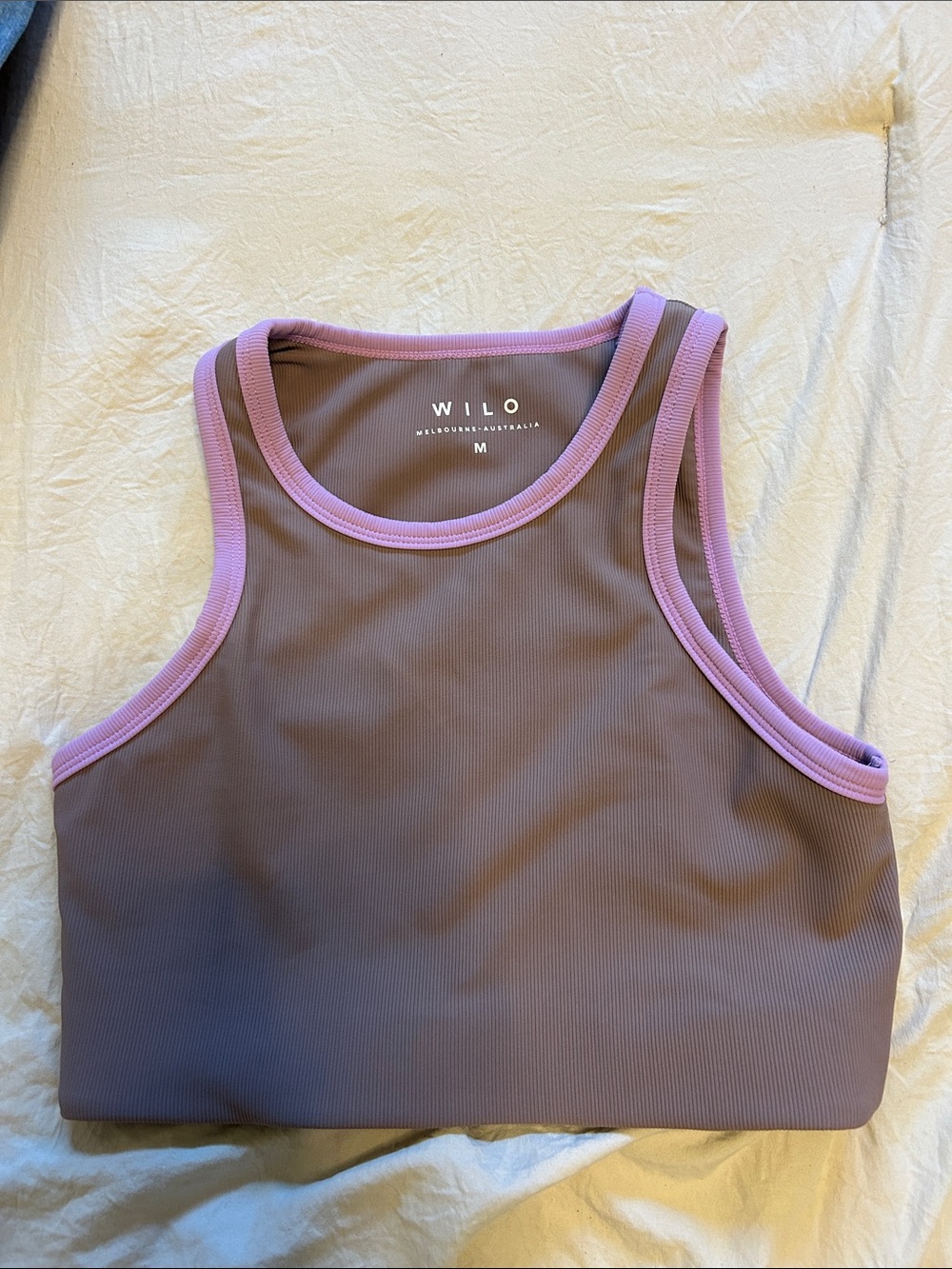 WILO Lavender-Trim Brown Ribbed Crop Tank Top - Size M